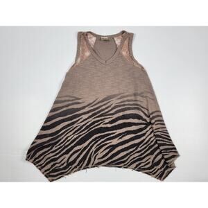 Vocal Womens XL Western Brown Taupe‎ Safari Animal Print Zebra Tank Lace Accent